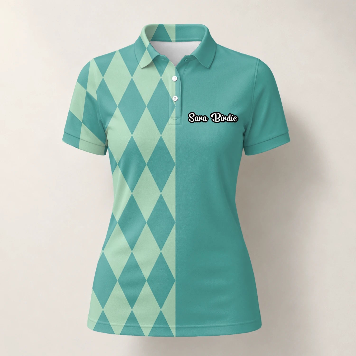 Personalisiertes Golf Poloshirt Türkis Mint Rauten Muster für Damen A8483