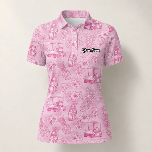 Personalisiertes Golf Poloshirt Rosa Golfcart Blumen Toile Design für Damen T8127