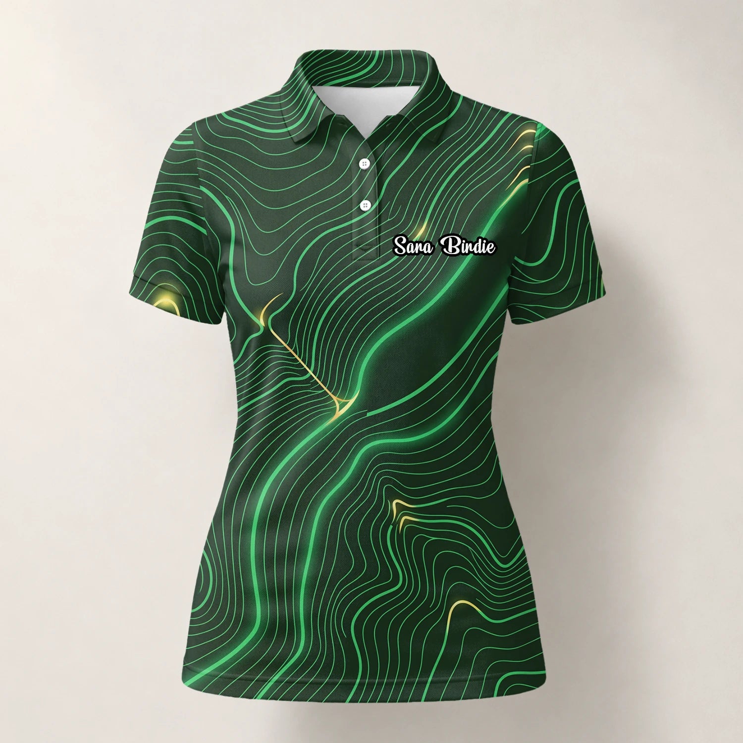 Personalisiertes Golf Poloshirt Grün Schwarzes Topografisches Linien Design für Damen E4992