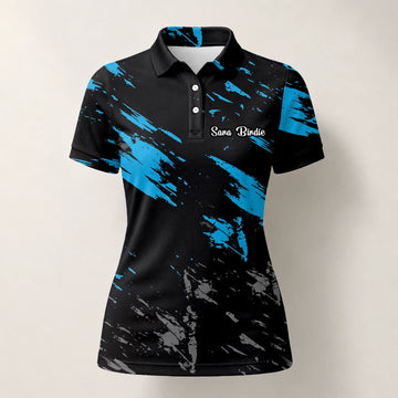 Personalisiertes Golf Poloshirt Schwarz Blaues Pinselstrich Design für Damen H3779