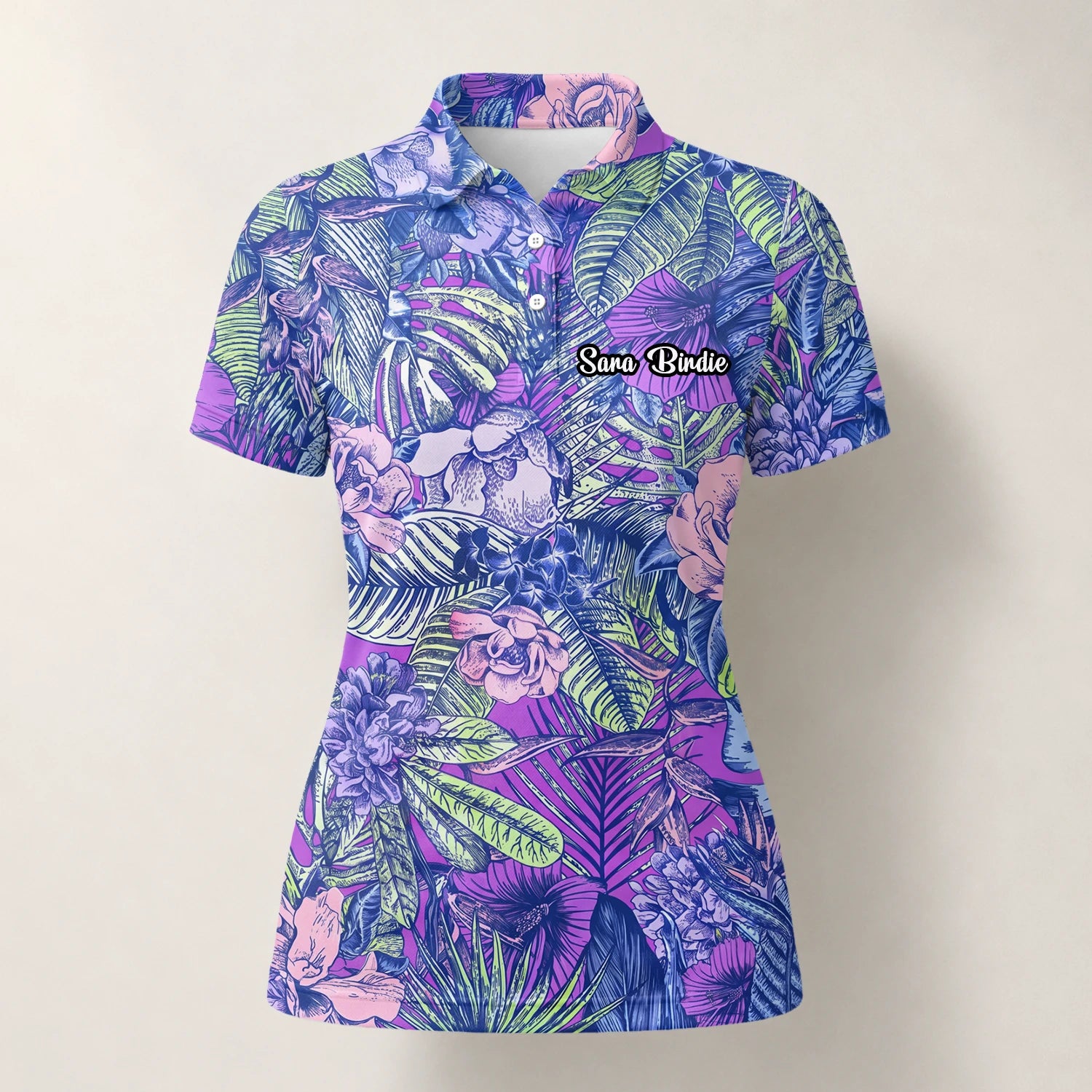 Personalisiertes Golf Poloshirt Lila Blaues Tropisches Blumen Blätter Design für Damen B8037