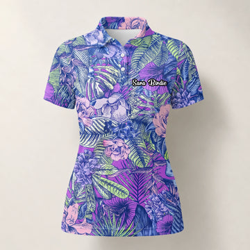 Personalisiertes Golf Poloshirt Lila Blaues Tropisches Blumen Blätter Design für Damen B8037