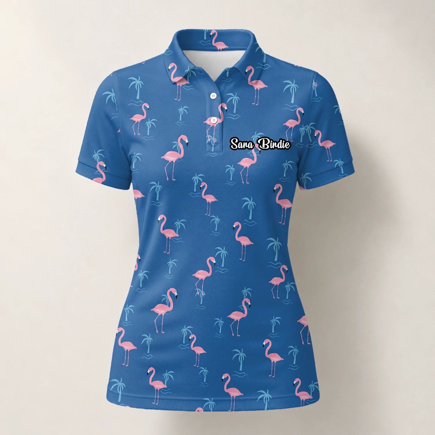 Personalisiertes Golf Poloshirt Blau Rosa Flamingo Palmen Design für Damen C8068