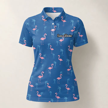Personalisiertes Golf Poloshirt Blau Rosa Flamingo Palmen Design für Damen C8068