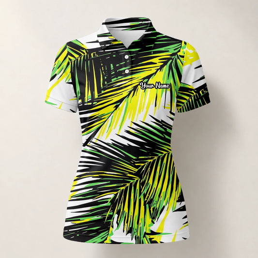 Personalisiertes Golf Poloshirt Schwarz Limettengrünes Tropisches Palmenblätter Design für Damen R3070