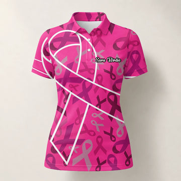 Personalisiertes Golf Poloshirt Rosa Brustkrebs Awareness Schleifen Design für Damen O4093