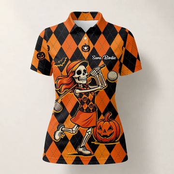Personalisiertes Golf Poloshirt Orange Schwarzes Halloween Skelett Golfer Kürbis Rauten Design für Damen Z9562