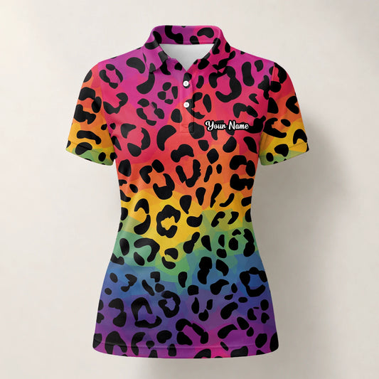Personalisiertes Golf Poloshirt Regenbogen Leo Print Design für Damen X1632