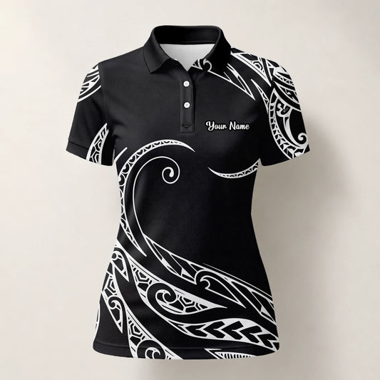Personalisiertes Golf Poloshirt Schwarz Weißes Tribal Wellen Design für Damen R9560