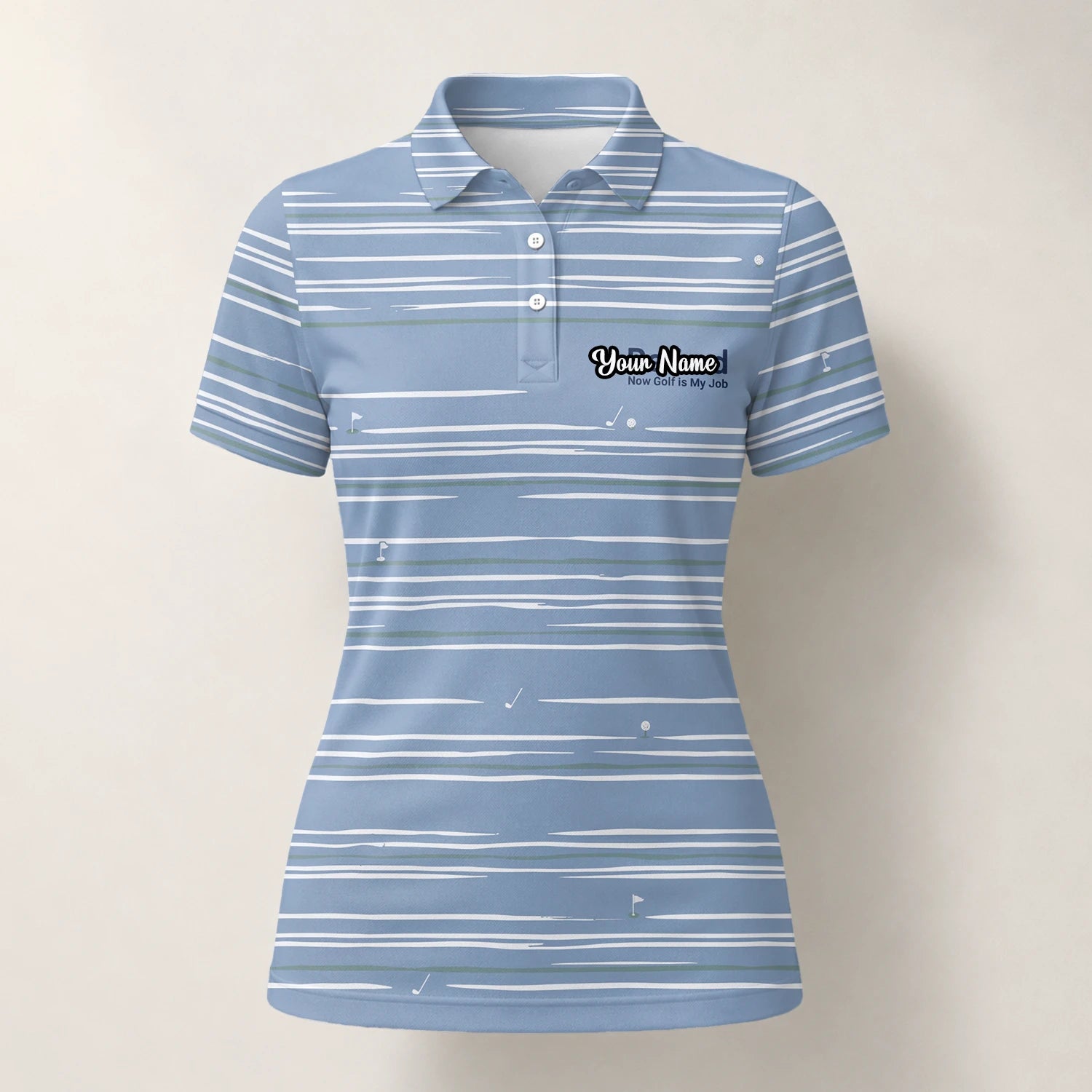 Personalisiertes Golf Poloshirt in Hellblau-Weiß mit abstraktem Streifenmuster für Damen F9706