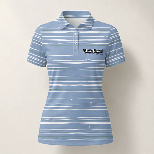 Personalisiertes Golf Poloshirt in Hellblau-Weiß mit abstraktem Streifenmuster für Damen F9706