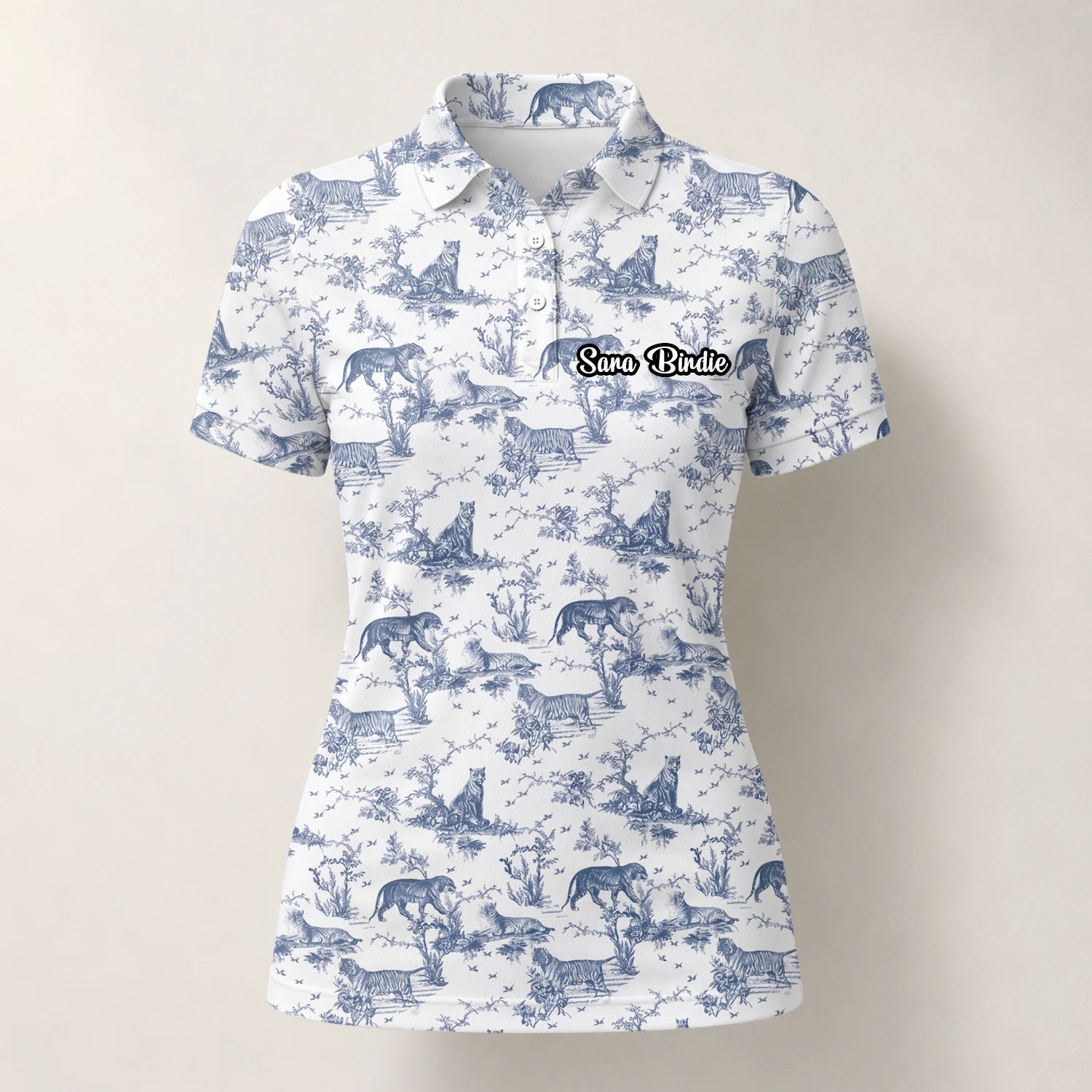 Personalisiertes Golf Poloshirt Weiß Blaues Dinosaurier Toile Design für Damen Q4771