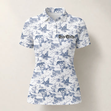 Personalisiertes Golf Poloshirt Weiß Blaues Dinosaurier Toile Design für Damen Q4771