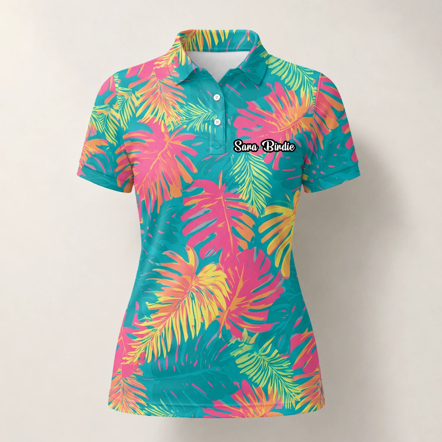 Personalisiertes Golf Poloshirt Türkis Korallenrotes Tropisches Blätter Design für Damen H8937