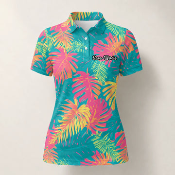 Personalisiertes Golf Poloshirt Türkis Korallenrotes Tropisches Blätter Design für Damen H8937