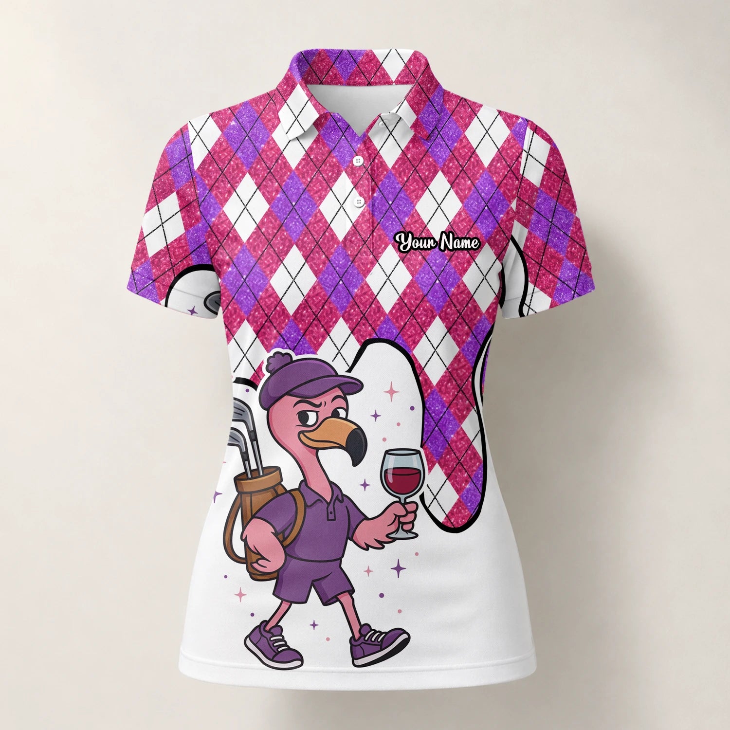 Personalisiertes Golf Poloshirt Pink Lila Rauten Strauß Golfer Cartoon Design für Damen D7000