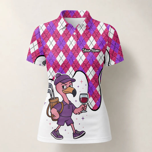 Personalisiertes Golf Poloshirt Pink Lila Rauten Strauß Golfer Cartoon Design für Damen D7000