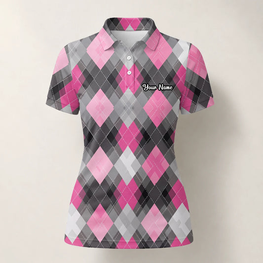 Personalisiertes Golf Poloshirt Rosa Graues Rauten Muster für Damen Z9376