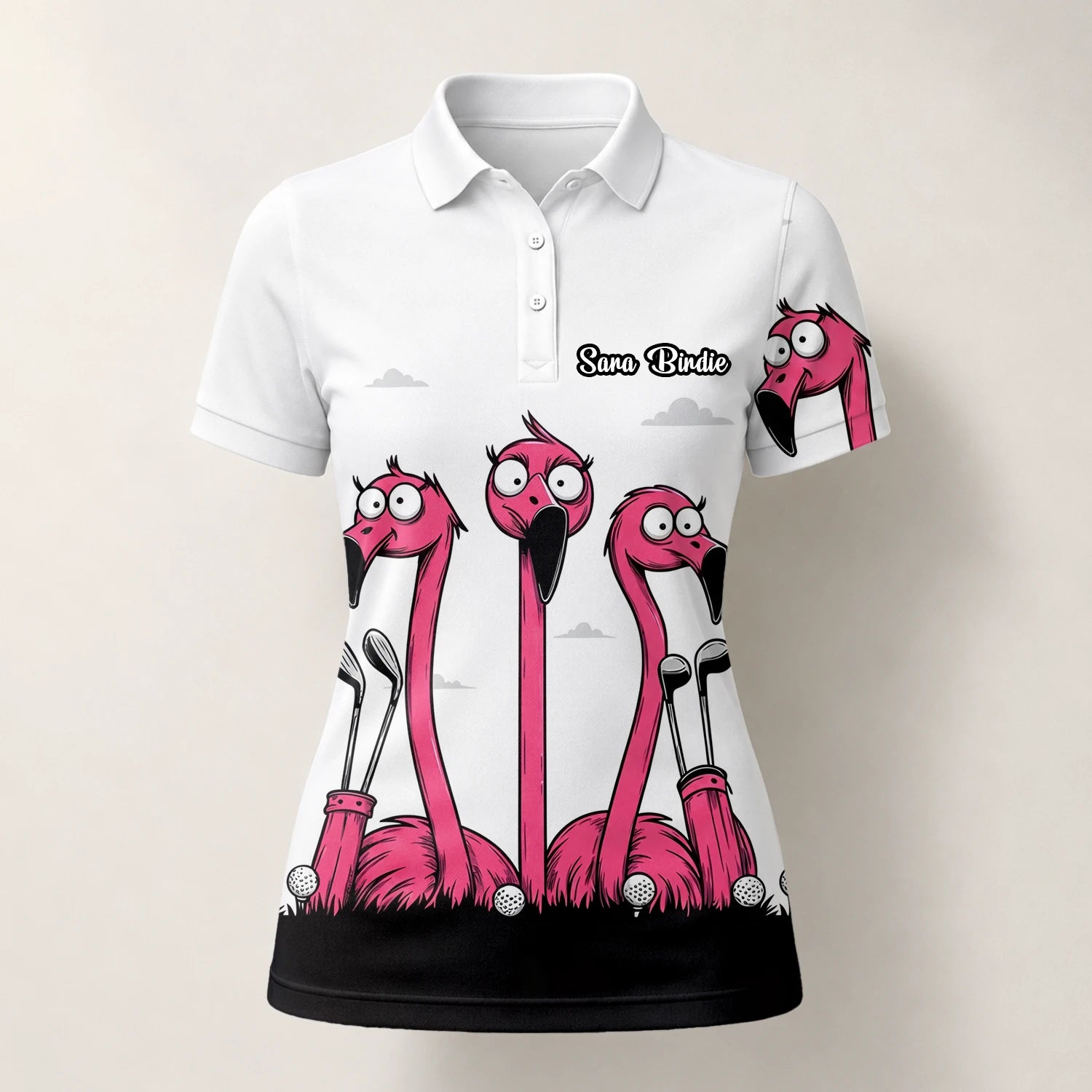 Personalisiertes Golf Poloshirt Weiß Rosa Flamingo Cartoon Design für Damen I6113
