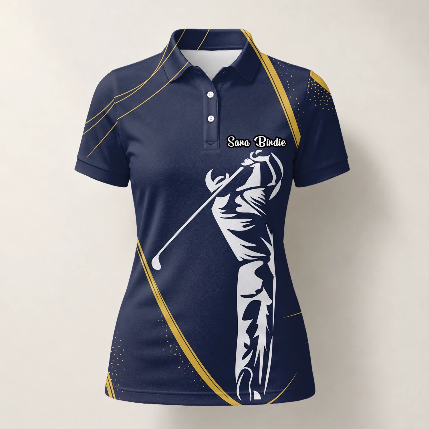 Personalisiertes Golf Poloshirt Marineblau Goldenes Golfer Schwung Silhouetten Design für Damen A1639