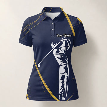 Personalisiertes Golf Poloshirt Marineblau Goldenes Golfer Schwung Silhouetten Design für Damen A1639