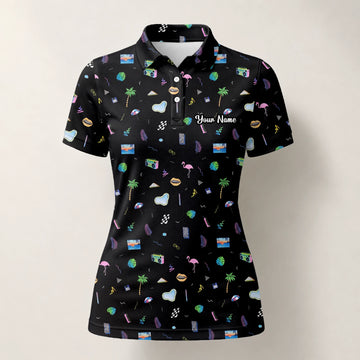 Personalisiertes Golf Poloshirt Schwarzes Urlaub Reise Doodle Design für Damen V7883