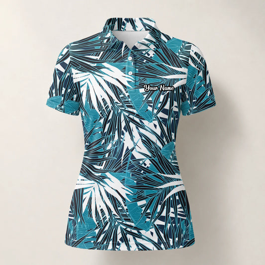 Personalisiertes Golf Poloshirt Türkis Schwarz Weißes Palmenblätter Design für Damen S8543