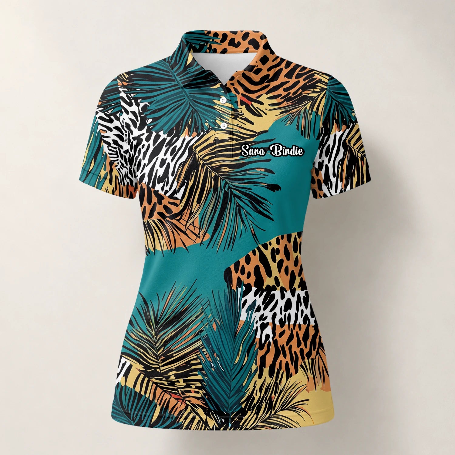Personalisiertes Golf Poloshirt Türkis Orange Tropisches Palmen Animal Print Design für Damen A7122