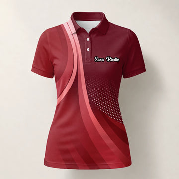 Personalisiertes Golf Poloshirt Bordeaux Rotes Abstraktes Wellen Design für Damen B4612