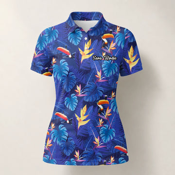 Personalisiertes Golf Poloshirt Marineblaues Tropisches Tukan Blätter Design für Damen S1836