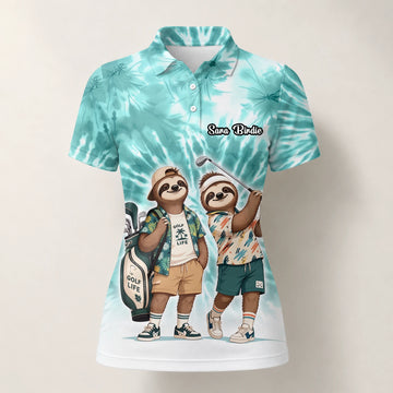 Personalisiertes Golf Poloshirt Türkis Faultier Golfer Cartoon Design für Damen C1614