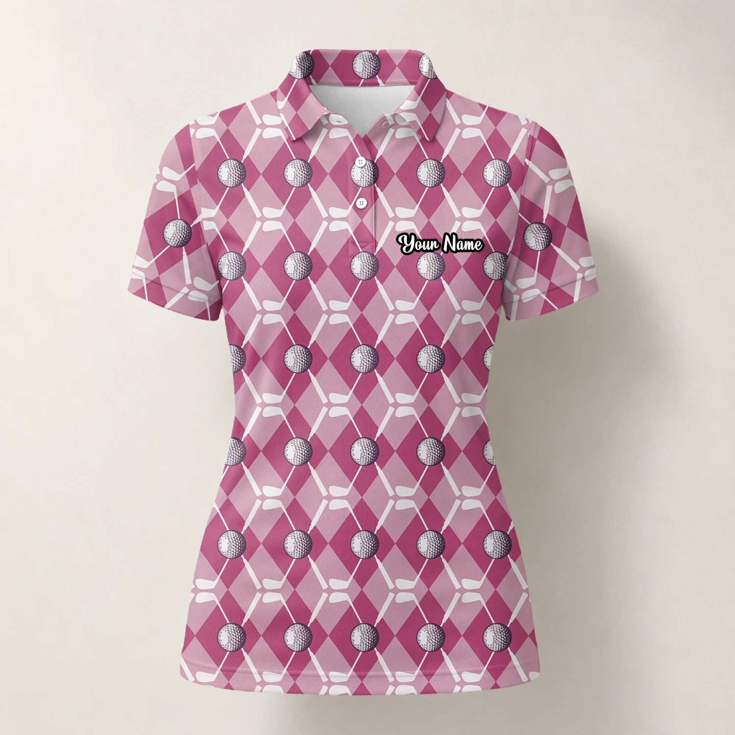 Personalisiertes Golf Poloshirt Rosa Rauten Golfball Design für Damen X0000