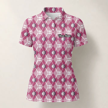 Personalisiertes Golf Poloshirt Rosa Rauten Golfball Design für Damen X0000