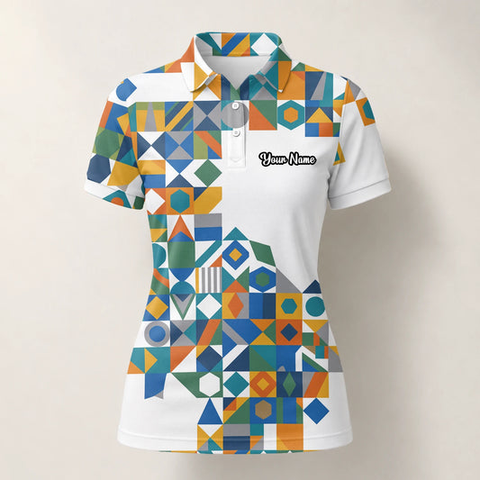 Personalisiertes Golf Poloshirt Weiß Türkis Oranges Geometrisches Patchwork Design für Damen K5362