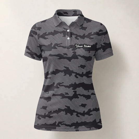 Personalisiertes Golf Poloshirt Grau Schwarzes Camo Design für Damen R8701