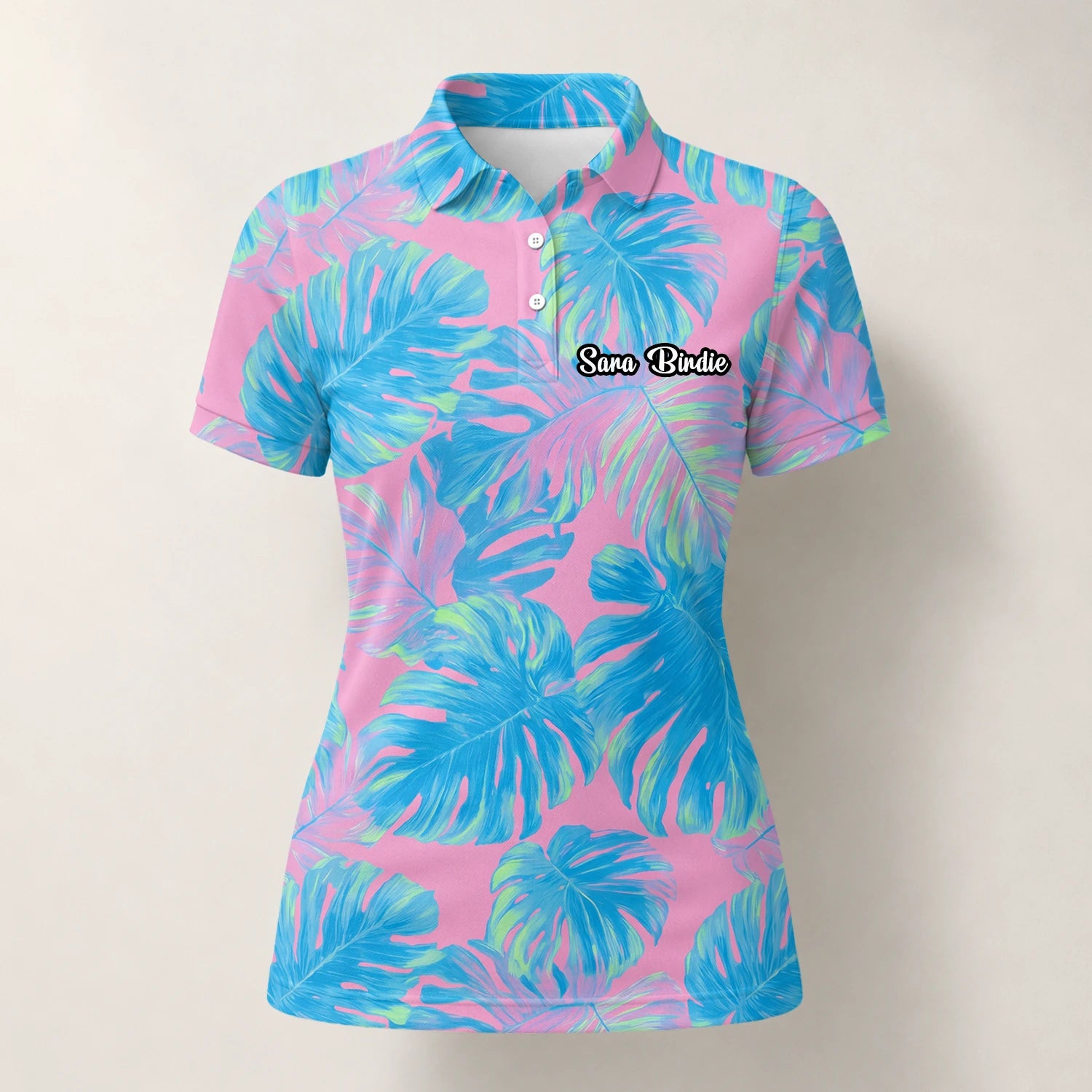 Personalisiertes Golf Poloshirt Rosa Türkis Tropisches Monstera Blätter Design für Damen C8385