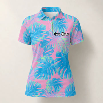 Personalisiertes Golf Poloshirt Rosa Türkis Tropisches Monstera Blätter Design für Damen C8385