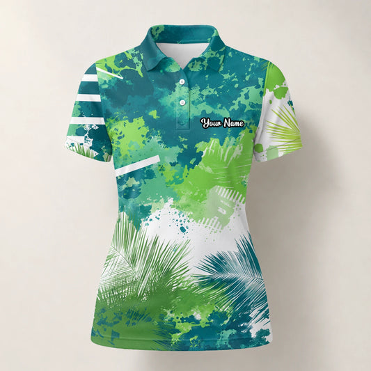 Personalisiertes Golf Poloshirt Grün Blaues Tropisches Blätter Farbklecks Design für Damen B7869