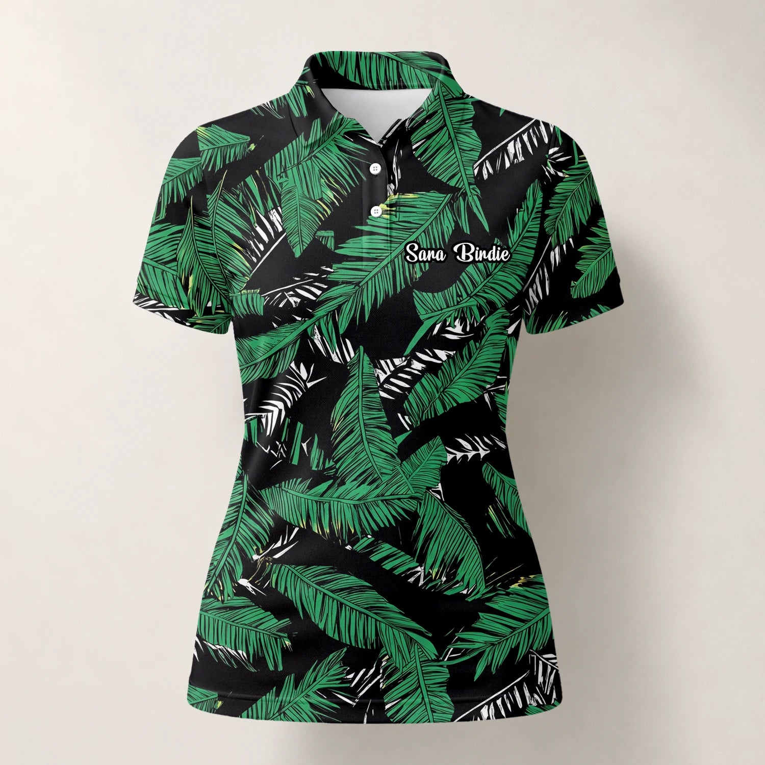 Personalisiertes Golf Poloshirt Schwarz Grünes Tropisches Bananenblätter Design für Damen K8023