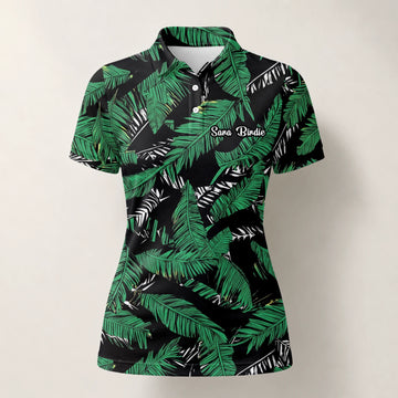 Personalisiertes Golf Poloshirt Schwarz Grünes Tropisches Bananenblätter Design für Damen K8023
