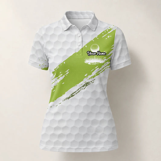 Personalisiertes Golf Poloshirt in Weiß-Limettengrün mit Golfball-Textur und Pinselstrich für Damen M6914