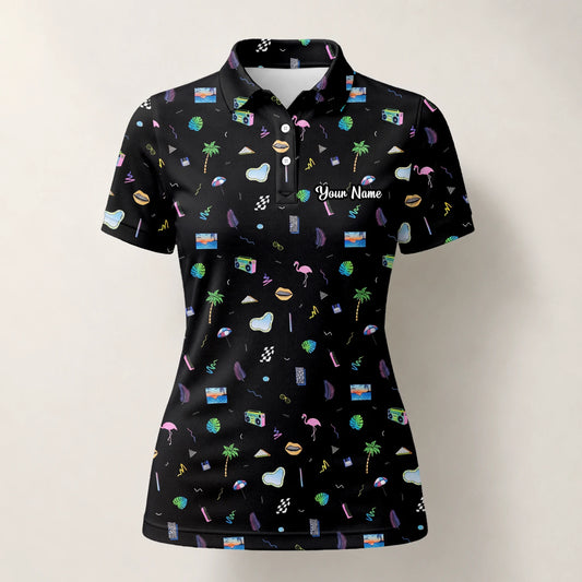 Personalisiertes Golf Poloshirt Schwarzes Urlaub Reise Doodle Design für Damen V7883