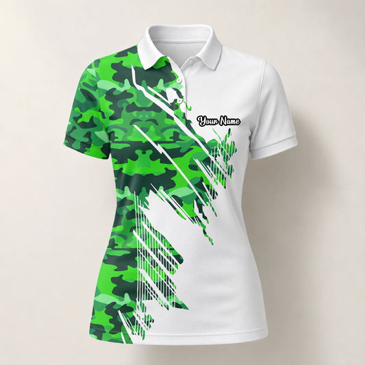 Personalisiertes Golf Poloshirt Weiß Grünes Camo Pinselstreifen Design für Damen E9788