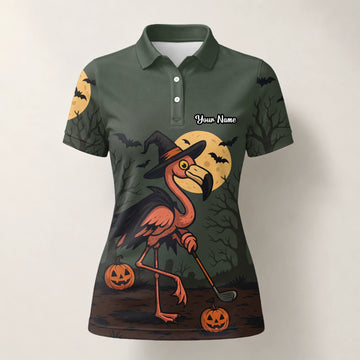 Personalisiertes Golf Poloshirt Olivgrünes Halloween Flamingo Hexe Golfer Kürbis Design für Damen X5811