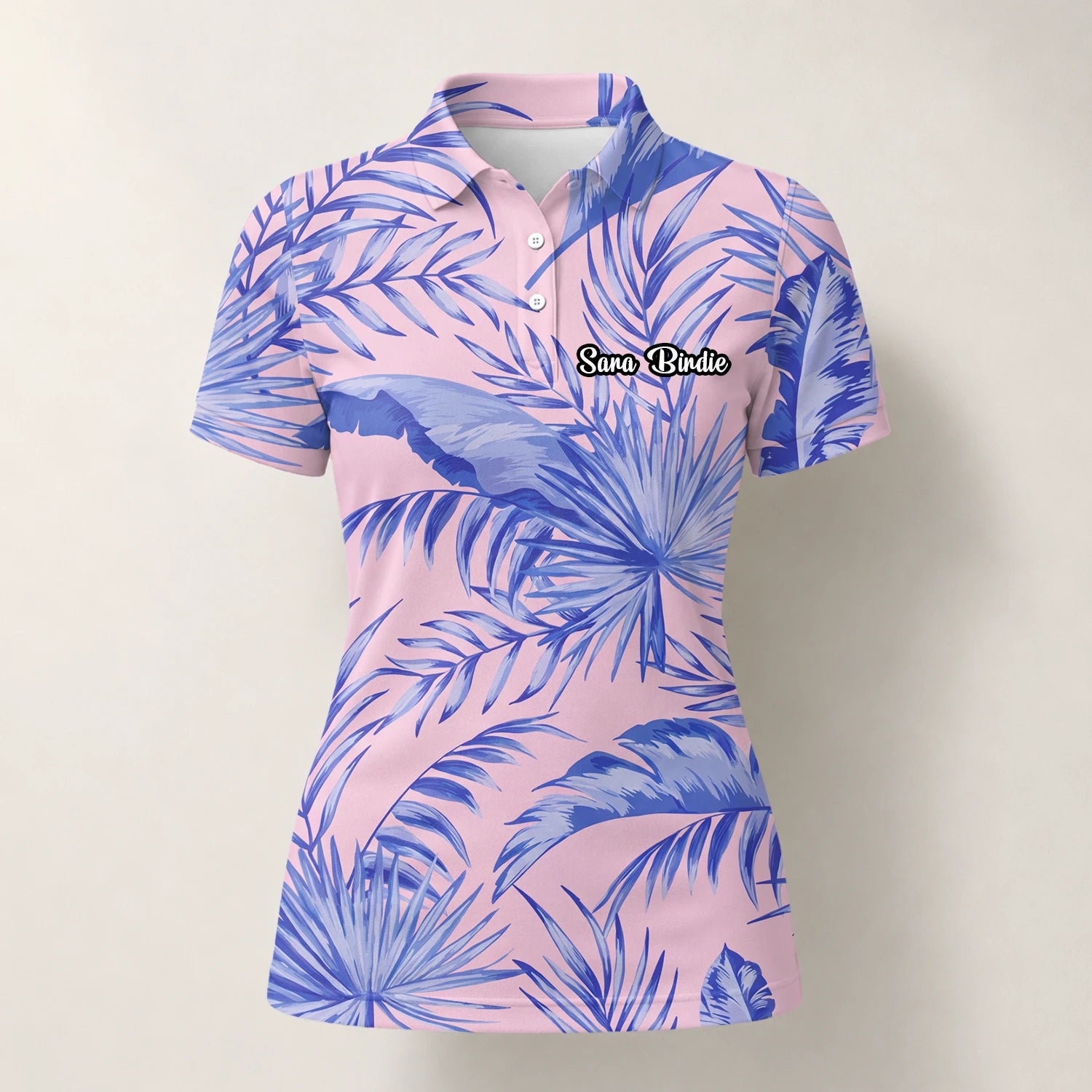 Personalisiertes Golf Poloshirt Rosa Lavendel Tropisches Palmenblätter Design für Damen M3354