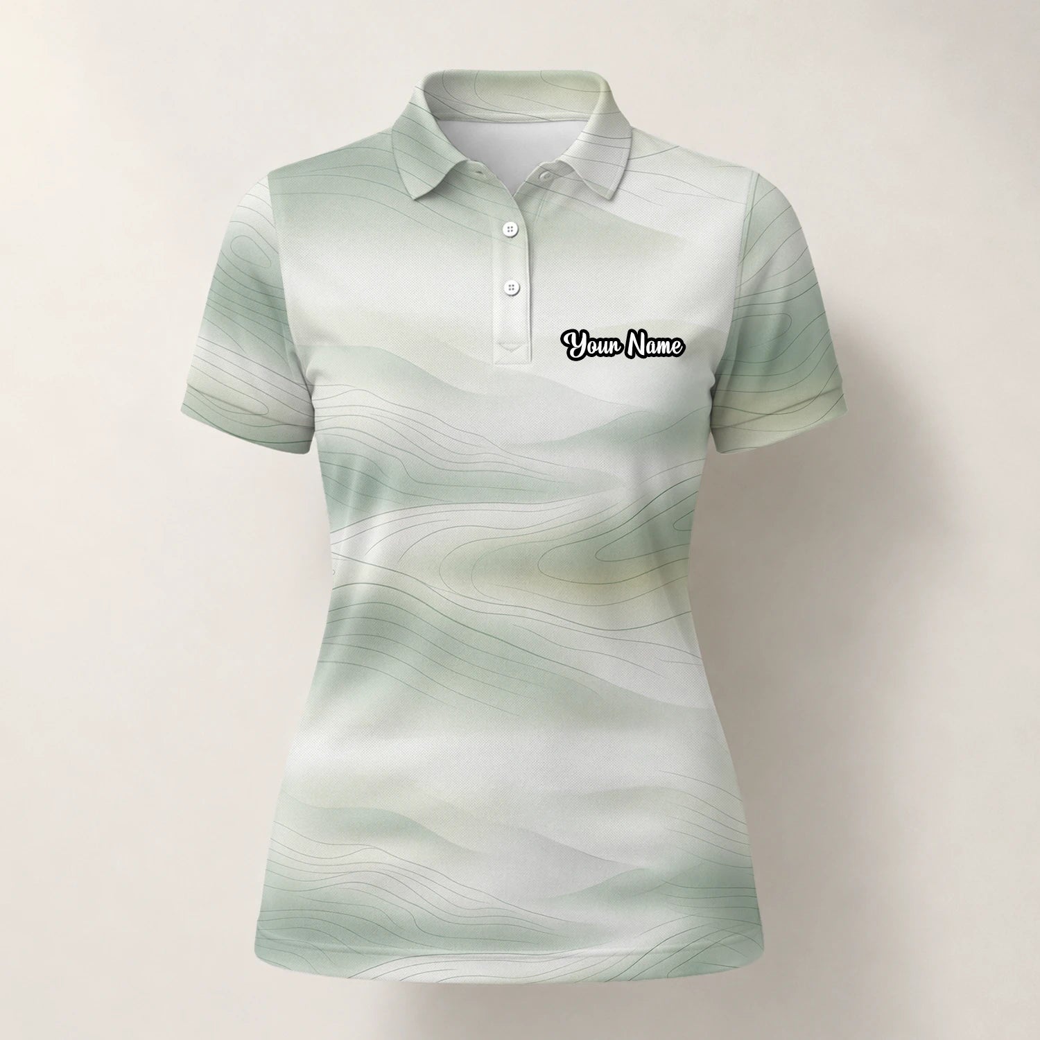 Personalisiertes Golf Poloshirt Weiß Salbeigrünes Abstraktes Wellen Design für Damen F8070