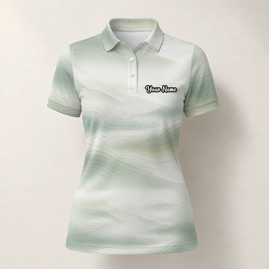 Personalisiertes Golf Poloshirt Weiß Salbeigrünes Abstraktes Wellen Design für Damen F8070