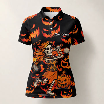 Personalisiertes Golf Poloshirt Schwarz Oranges Halloween Skelett Golfer Kürbis Design für Damen N7108