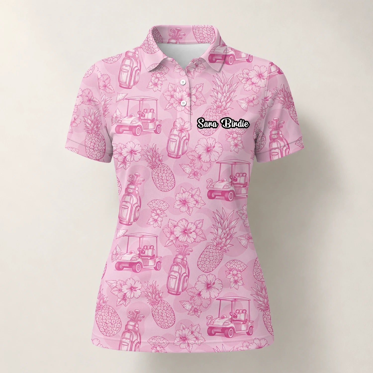 Personalisiertes Golf Poloshirt Rosa Golfcart Blumen Toile Design für Damen T8127