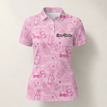 Personalisiertes Golf Poloshirt Rosa Golfcart Blumen Toile Design für Damen T8127